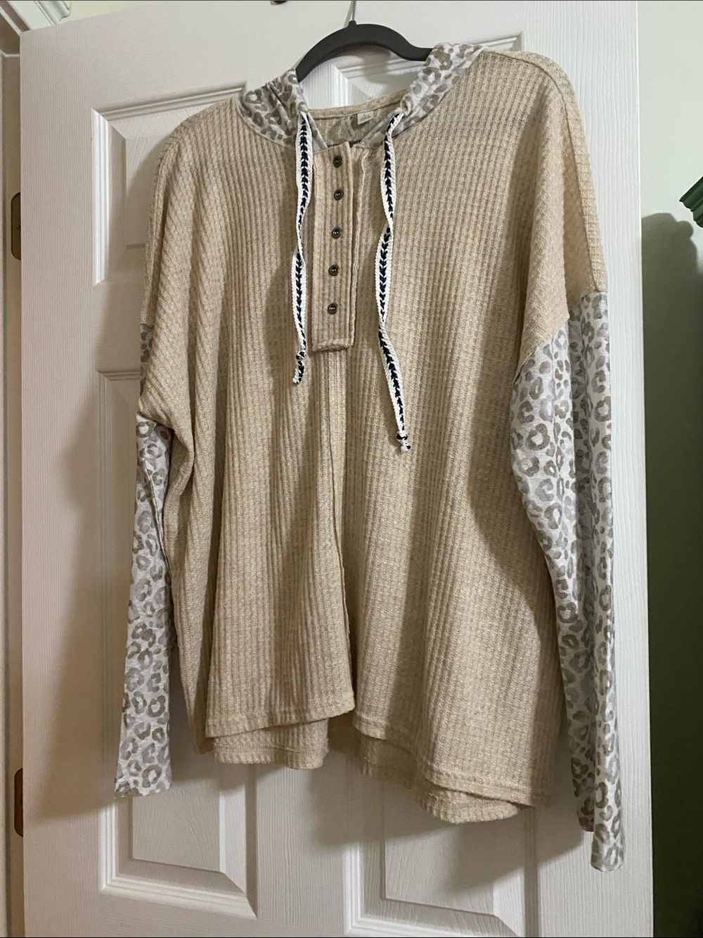 Cato Beige Waffle Knit Hoodie with Leopard Accent